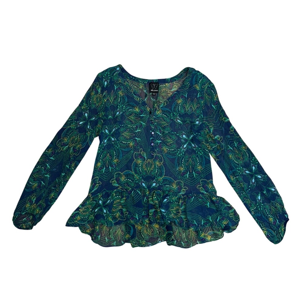 Ella Moss Silk Blouse Large Teal Green Paisley Peplum Fairycore boho whimsy